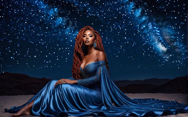 woman under blue stars in blue gown