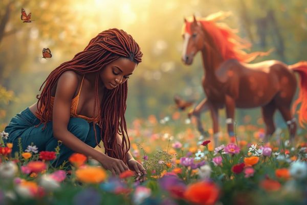 woman in garden w fire horse